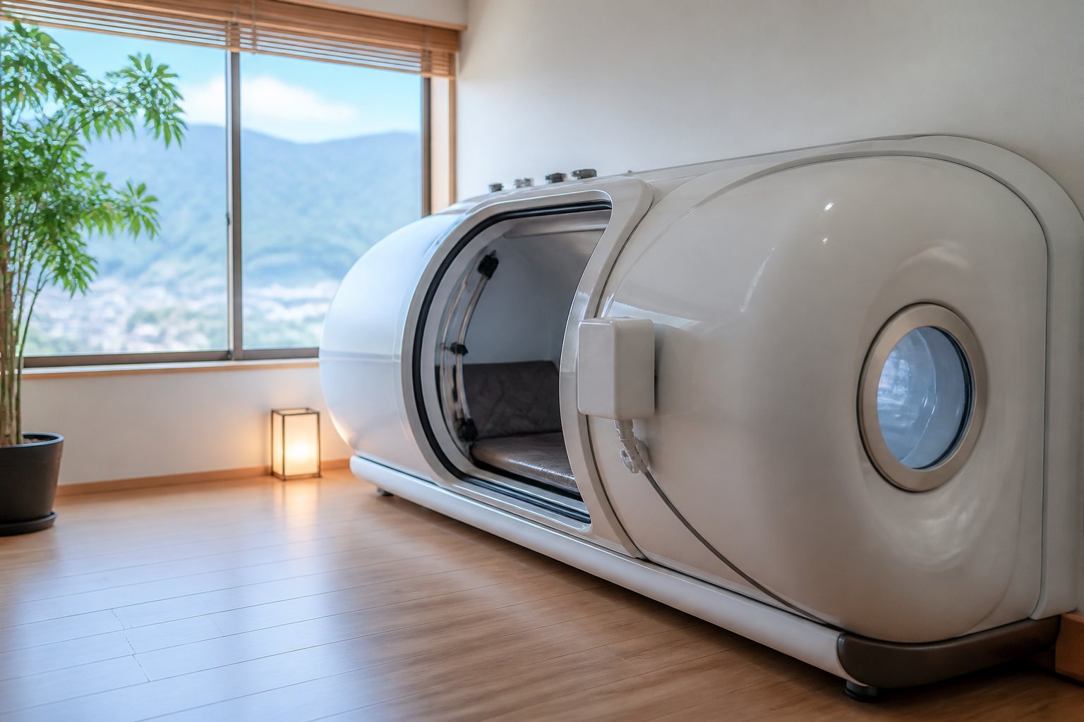 窓の外に山が見える明るい部屋に置かれた酸素カプセル